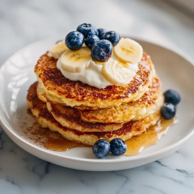 High protein cottage cheese pancakes on a plate with syrup and berries