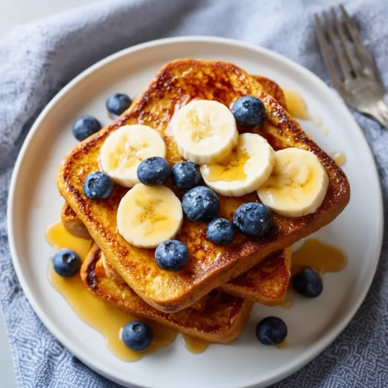 Plate of high protein French toast topped with fresh berries and syrup