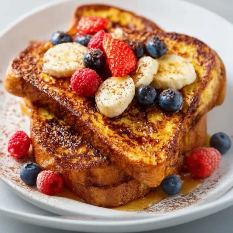 High protein French toast topped with fresh fruit and maple syrup