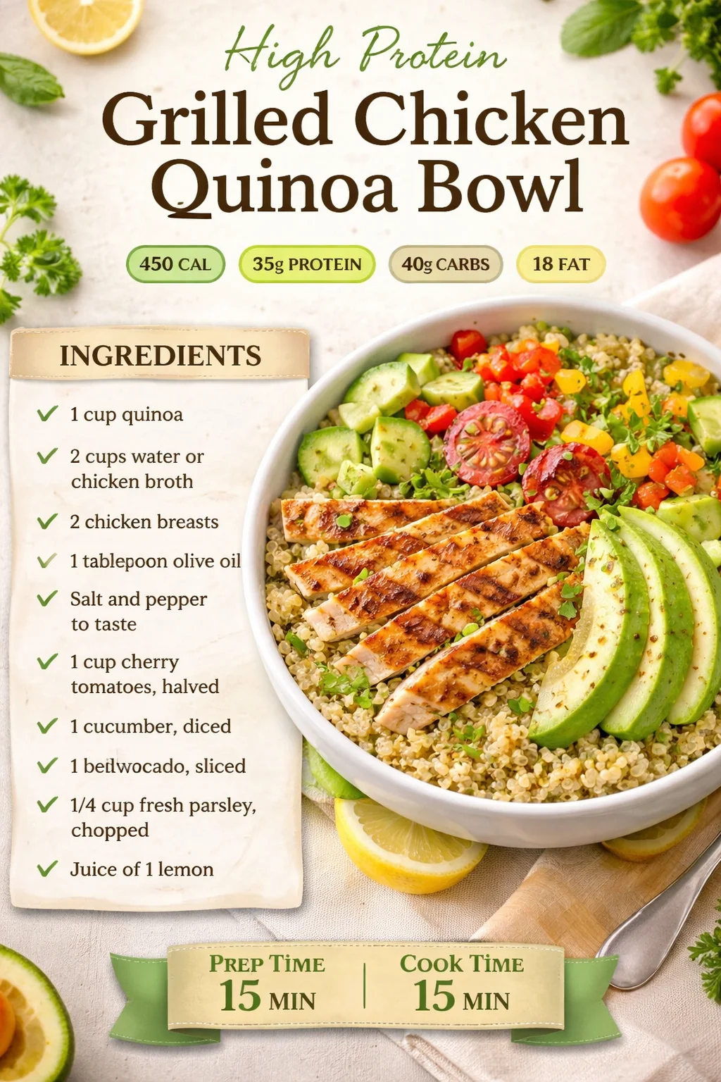 High Protein Grilled Chicken Quinoa Bowl
