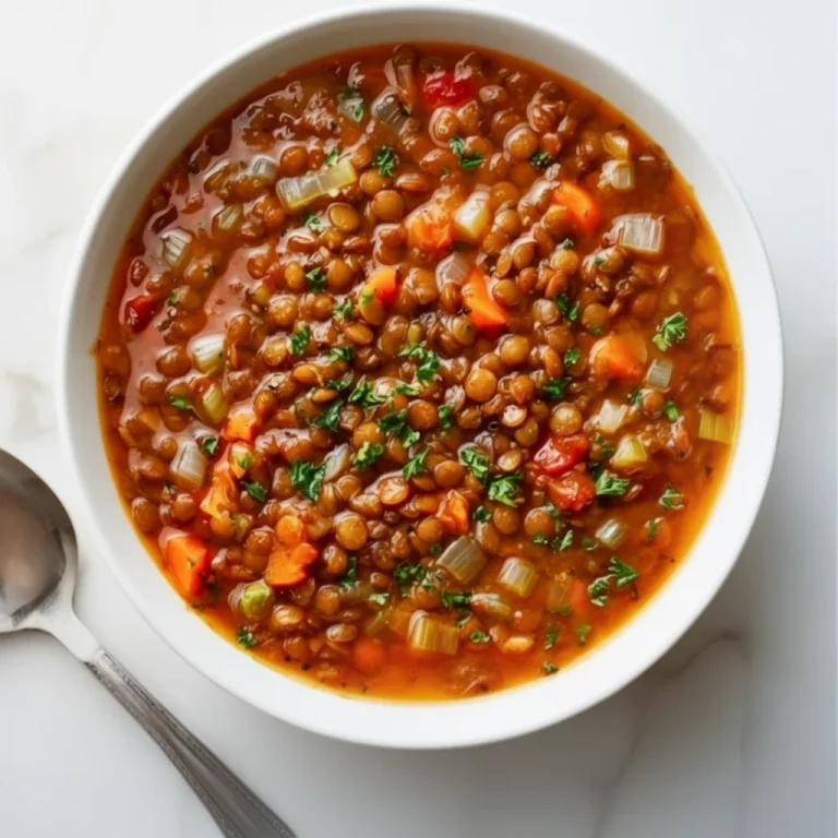 Delicious high protein lentil soup served in a bowl with fresh herbs