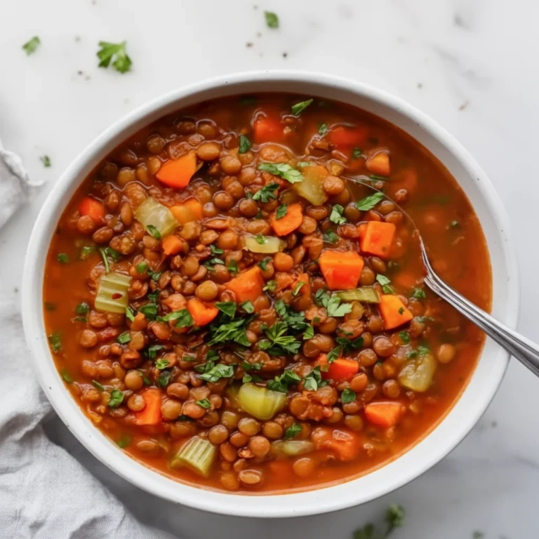 Bowl of high protein lentil soup with vegetables and herbs