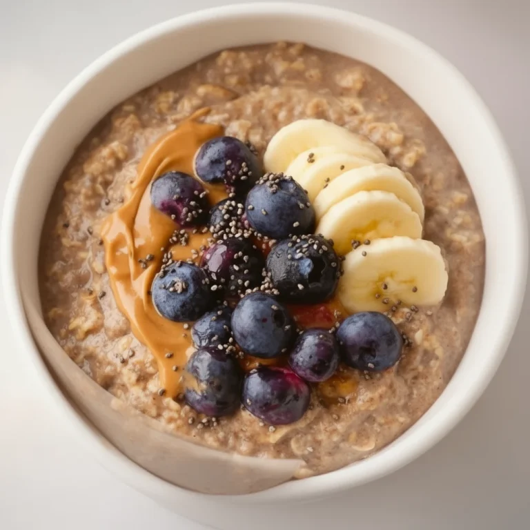 High protein oatmeal bowl topped with fresh fruits and nuts