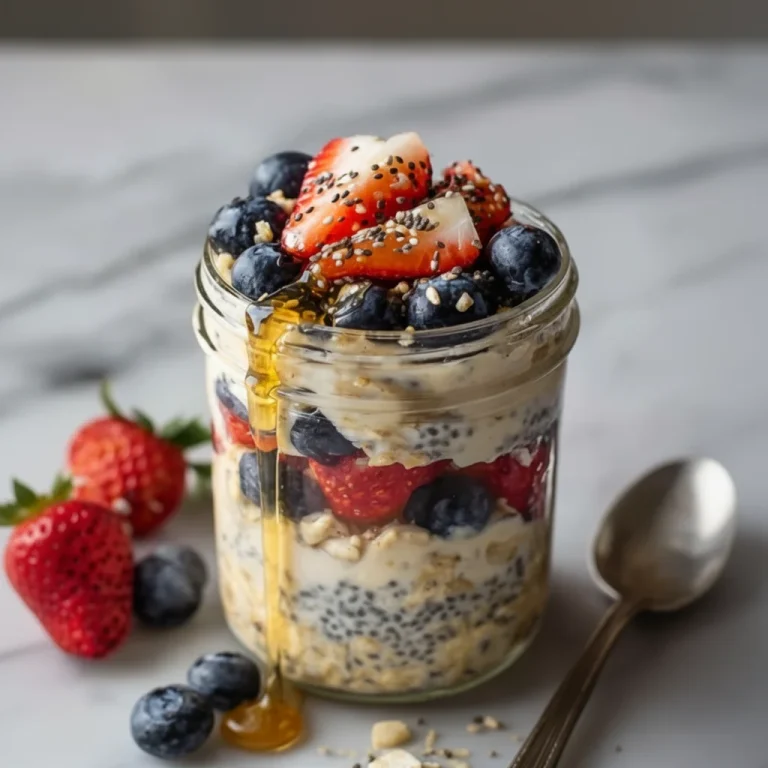 Bowl of high-protein overnight oats topped with fruits and nuts