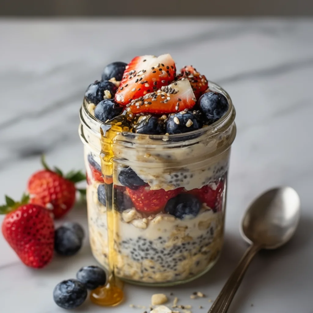 Bowl of high-protein overnight oats topped with fruits and nuts