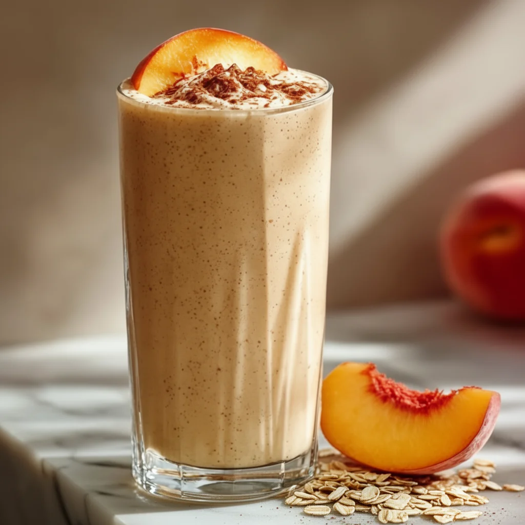 High Protein Peach Cobbler Shake garnished with fresh peaches and whipped cream