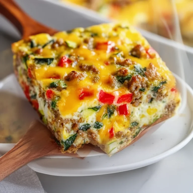 High-protein sausage egg breakfast casserole dish served on a table