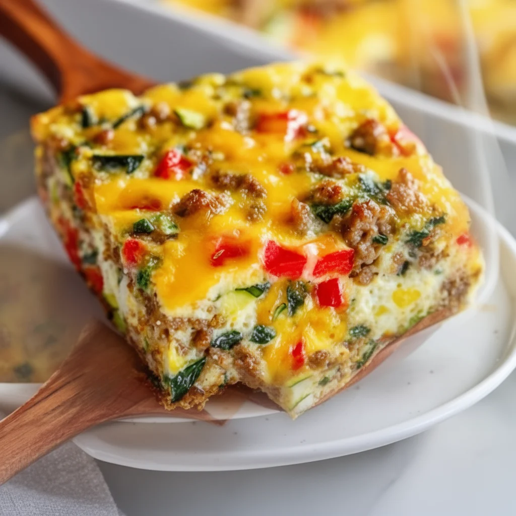 High-protein sausage egg breakfast casserole dish served on a table