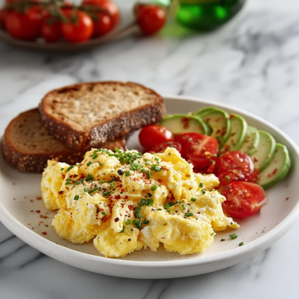 High-protein scrambled eggs with cottage cheese served on a plate