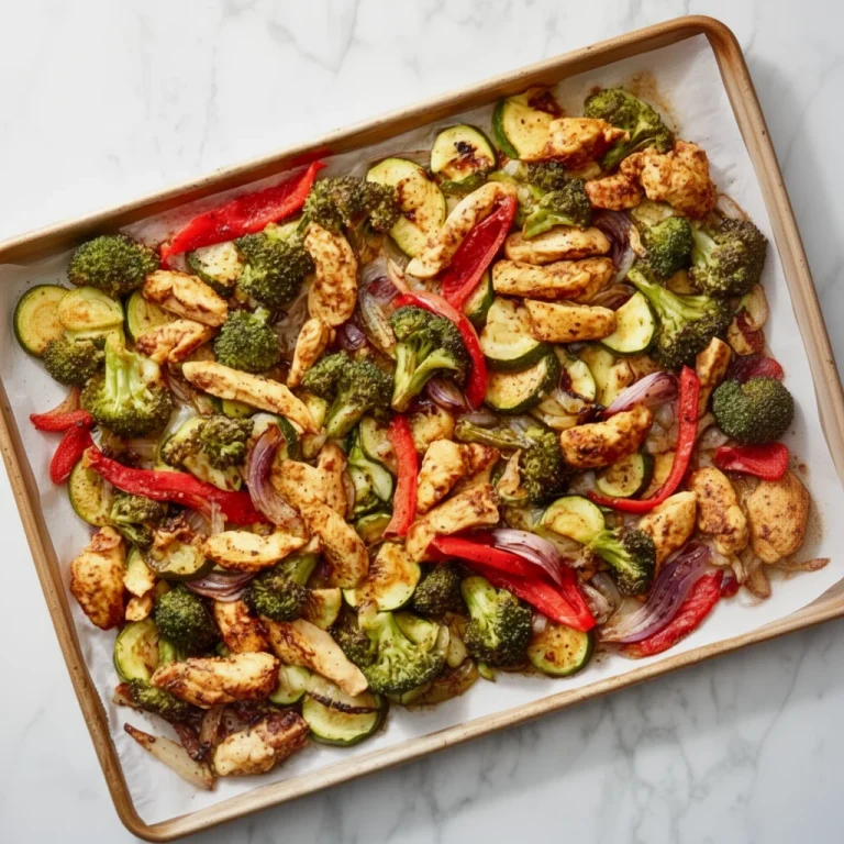 Delicious high protein sheet pan chicken dinner with colorful vegetables