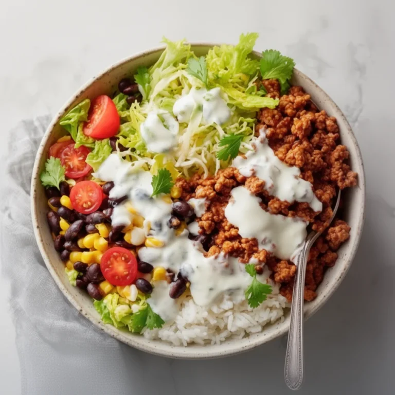 High protein taco bowl with fresh ingredients and vibrant toppings