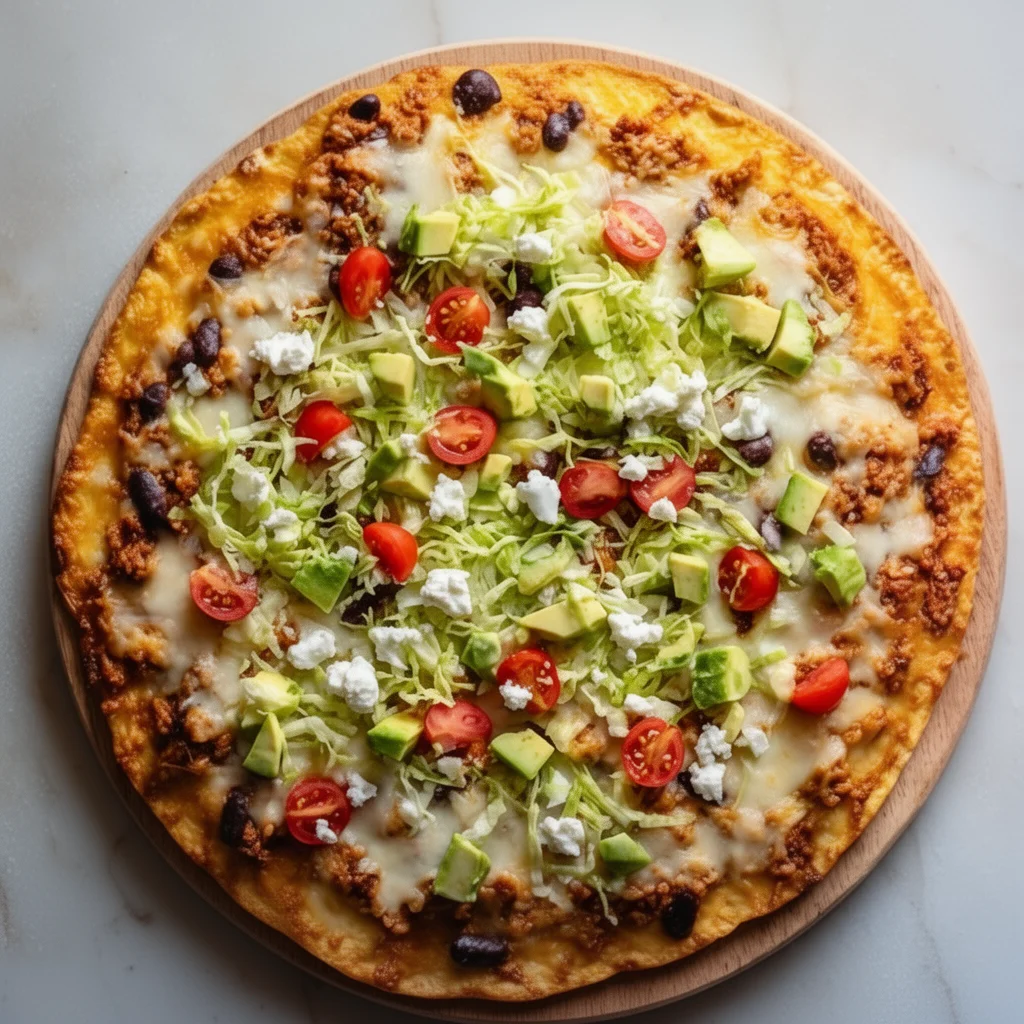 High-protein taco flatbread pizza topped with ground turkey and fresh ingredients.