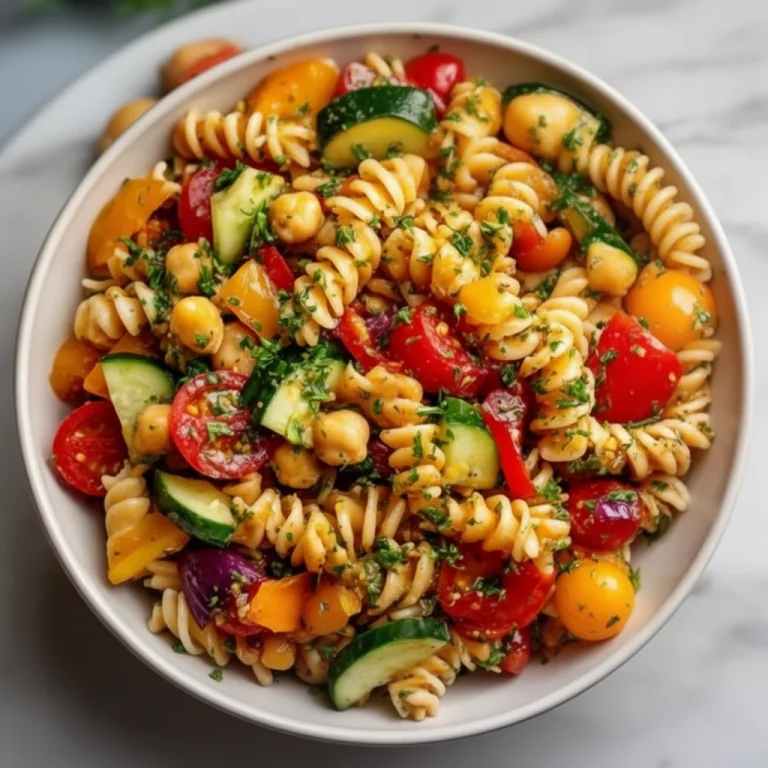 High protein vegan pasta salad with colorful vegetables and grains