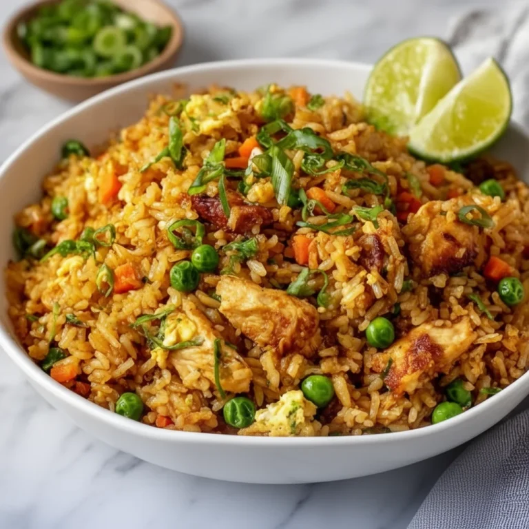 Bowl of homemade chicken fried rice with vegetables and chicken