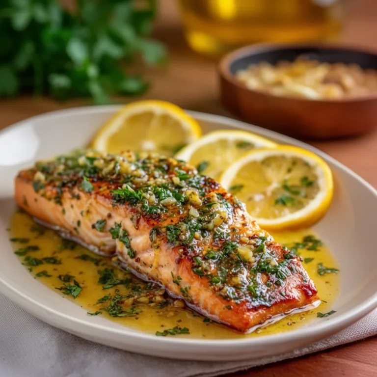 Lemon garlic baked salmon served with fresh herbs and lemon slices.