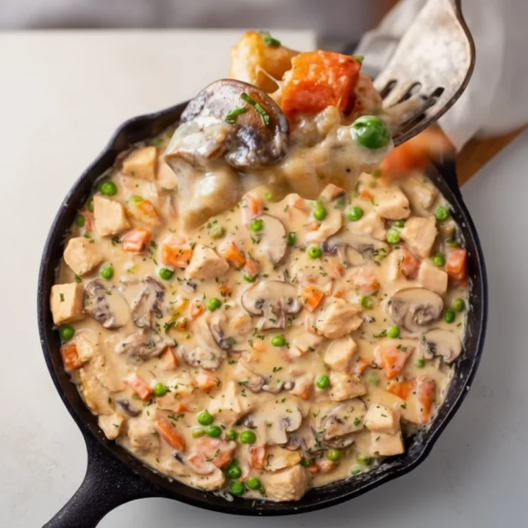 Crustless chicken pot pie skillet loaded with vegetables and protein