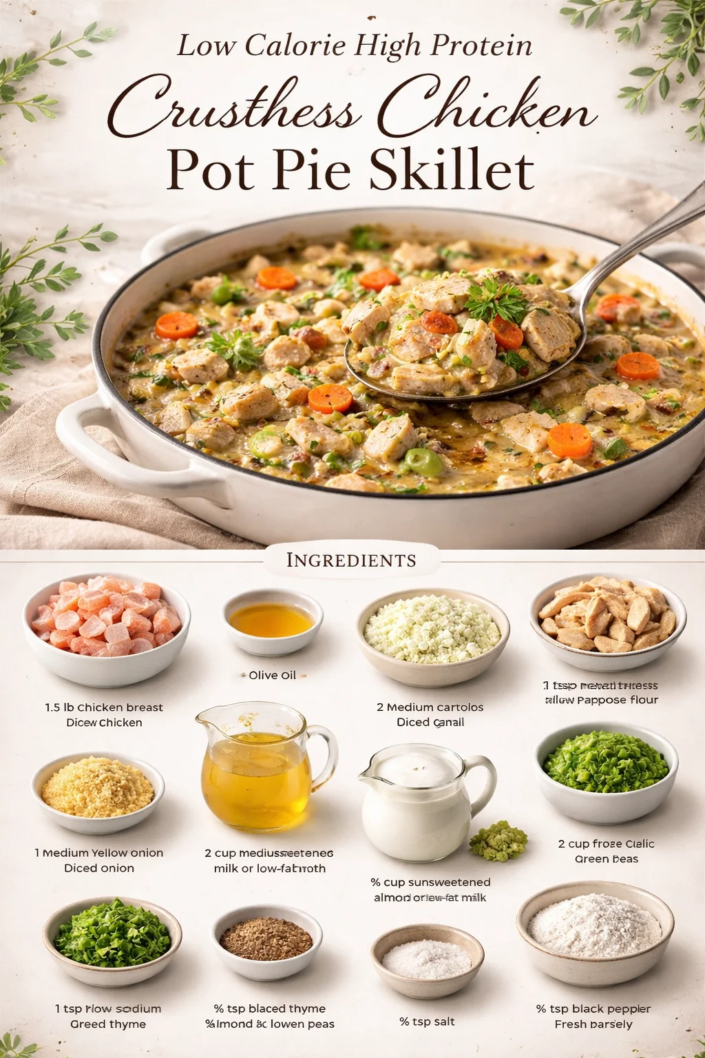Low Calorie High Protein Crustless Chicken Pot Pie Skillet