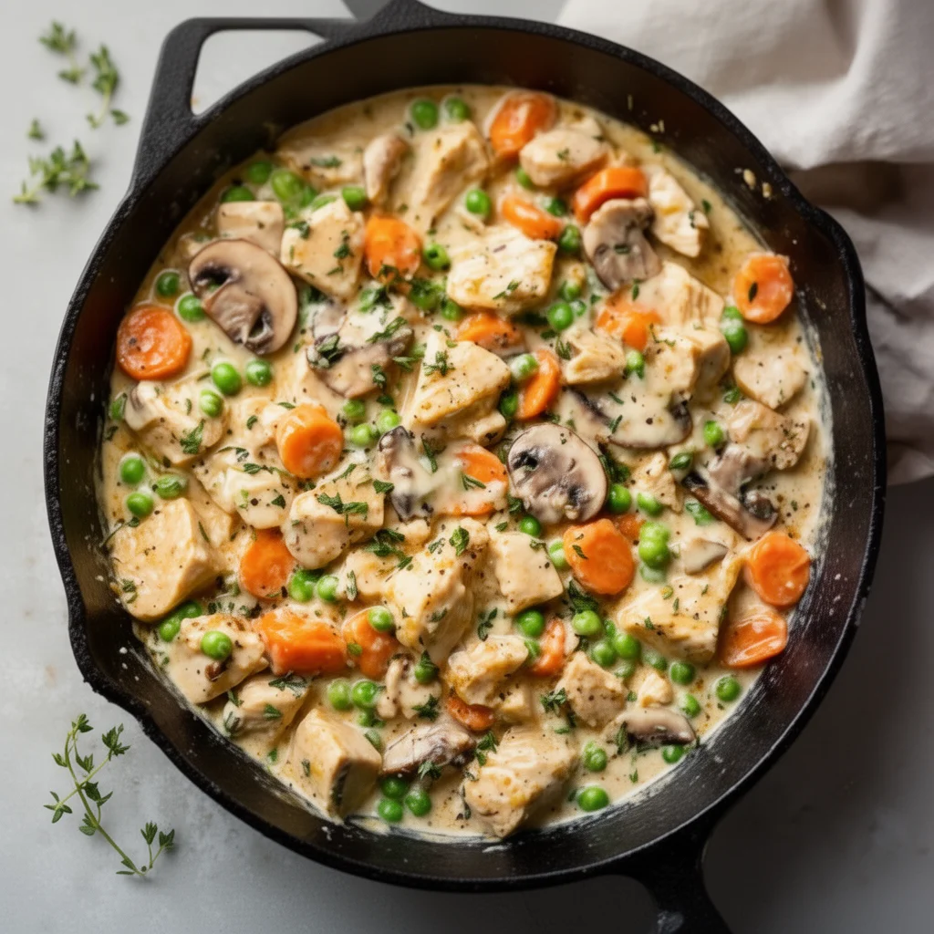 Healthy crustless chicken pot pie skillet with vegetables and protein