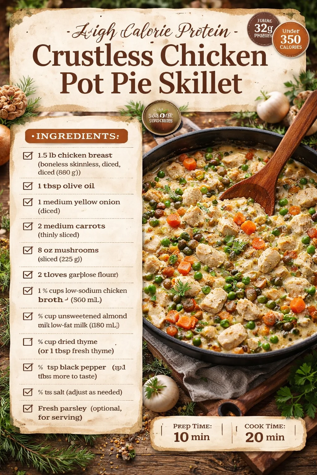 Low Calorie High Protein Crustless Chicken Pot Pie Skillet