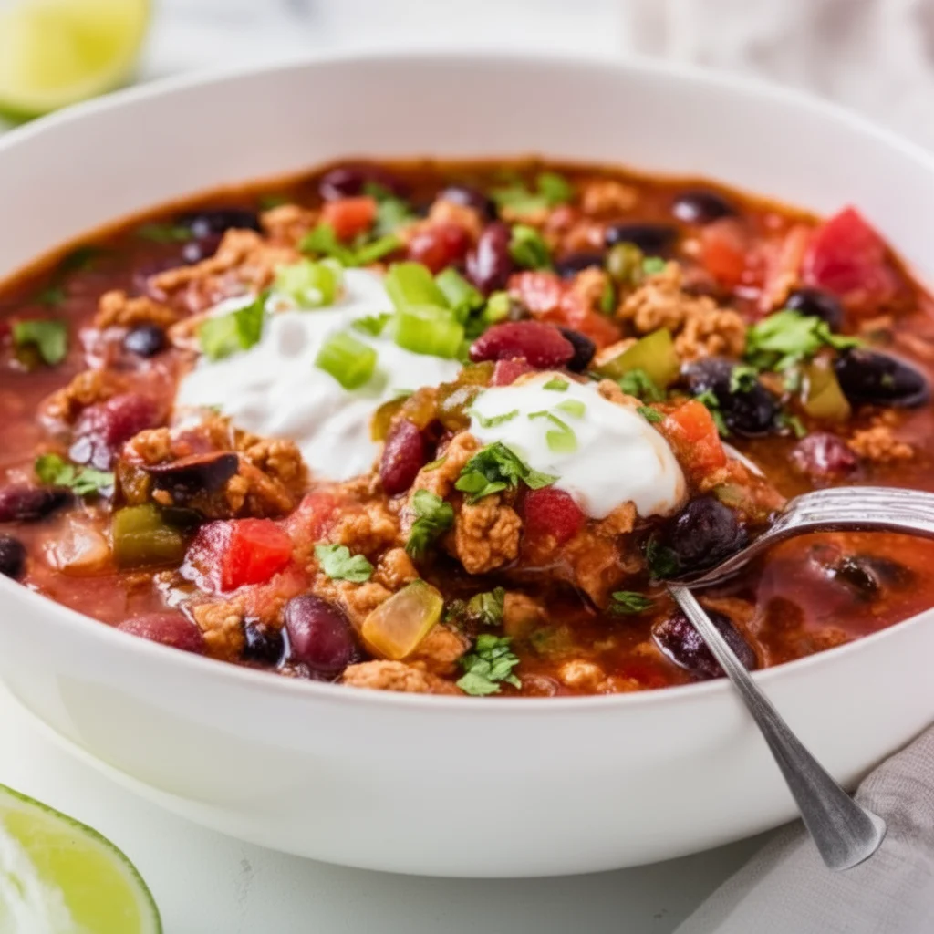 Bowl of low-calorie high-protein turkey chili garnished with herbs