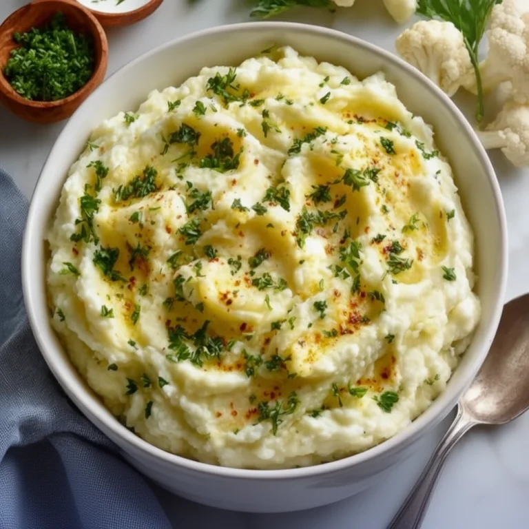 Bowl of creamy low carb cauliflower mashed potatoes topped with herbs