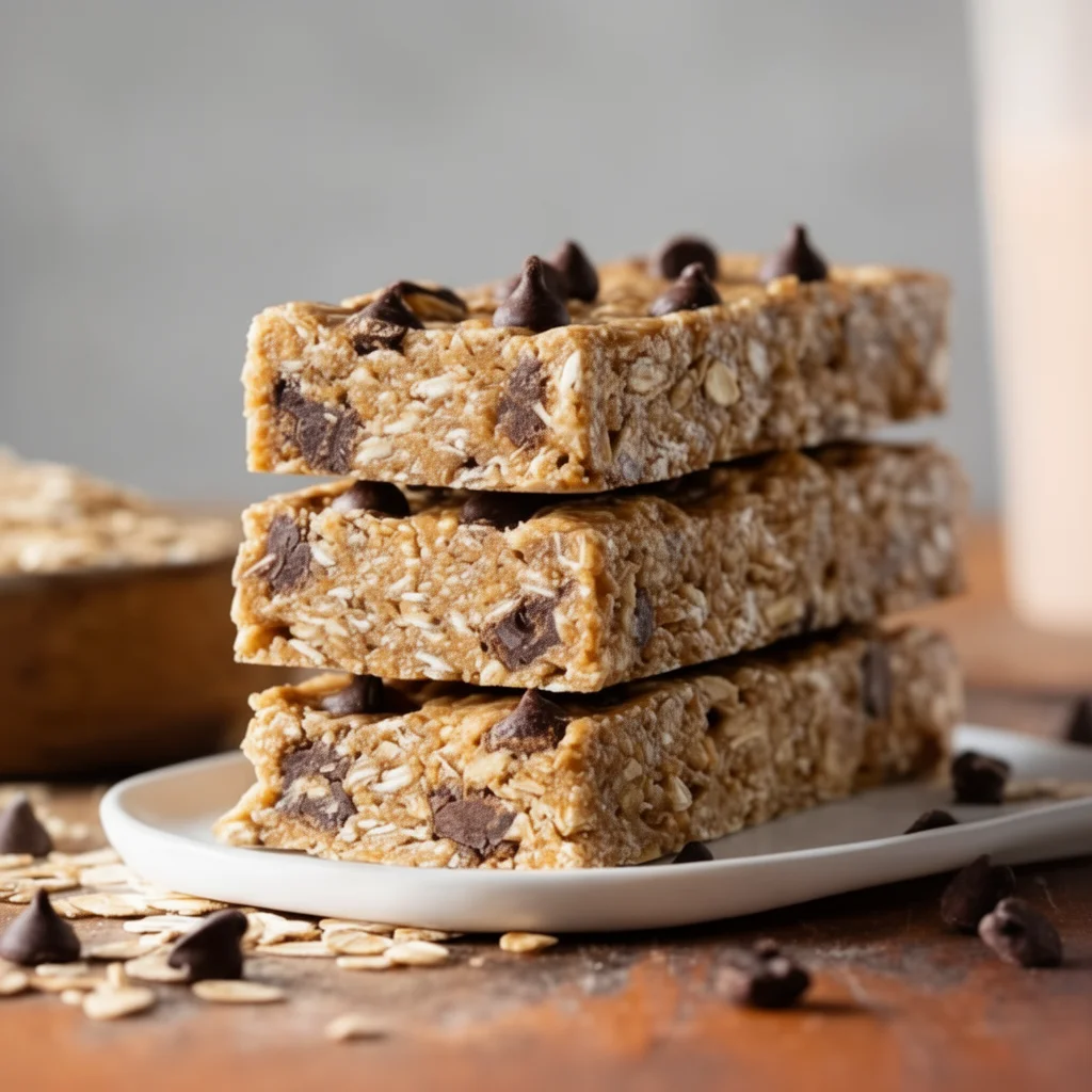 No-bake protein bars stacked on a cutting board with nuts and chocolate