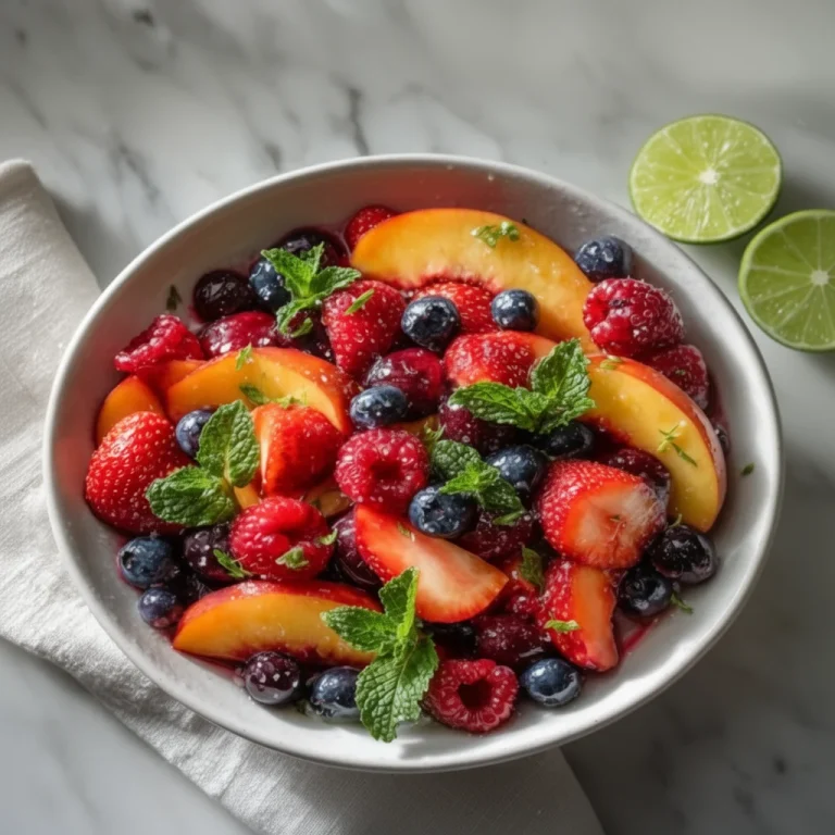 Peach Berry Fruit Salad with fresh fruits in a bowl