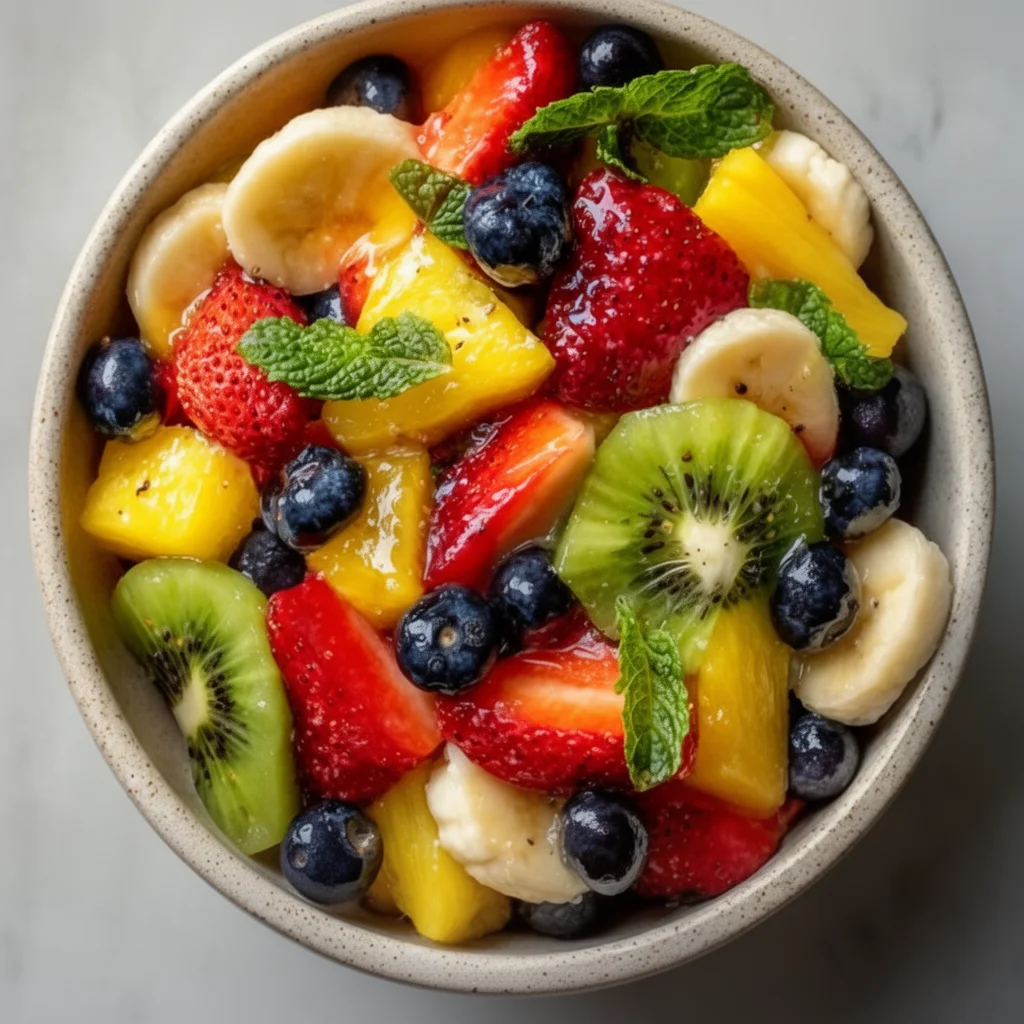 Vibrant rainbow fruit salad with assorted fresh fruits in a bowl