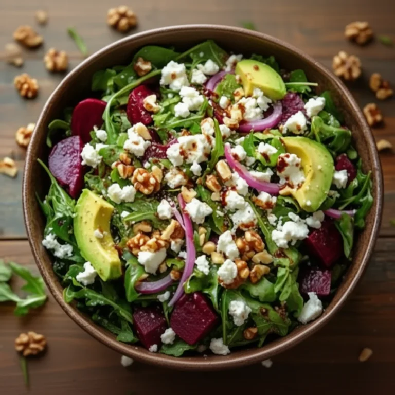 Roasted Beet and Arugula Salad topped with Feta and Walnuts