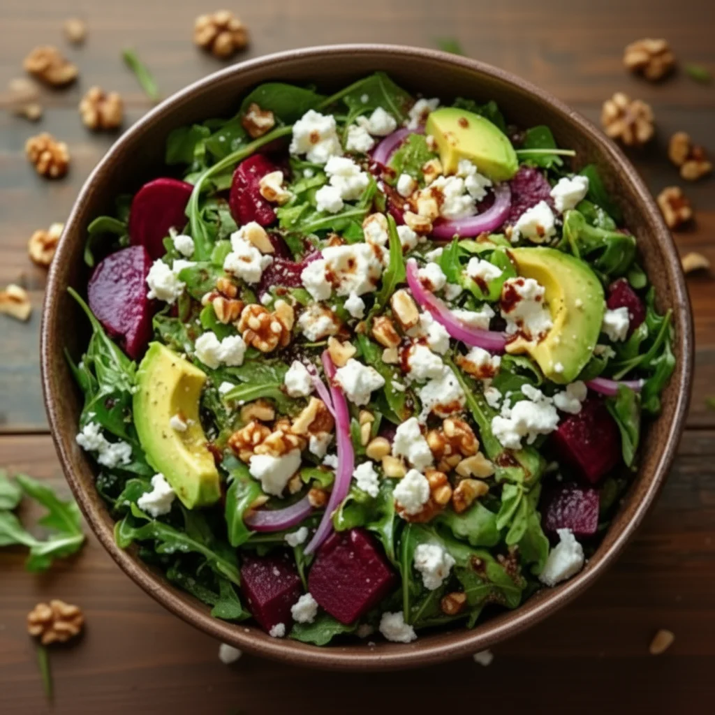 Roasted Beet and Arugula Salad topped with Feta and Walnuts