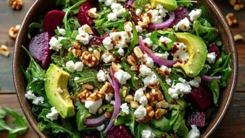 Roasted beet salad with arugula, feta cheese, and walnuts on a rustic plate