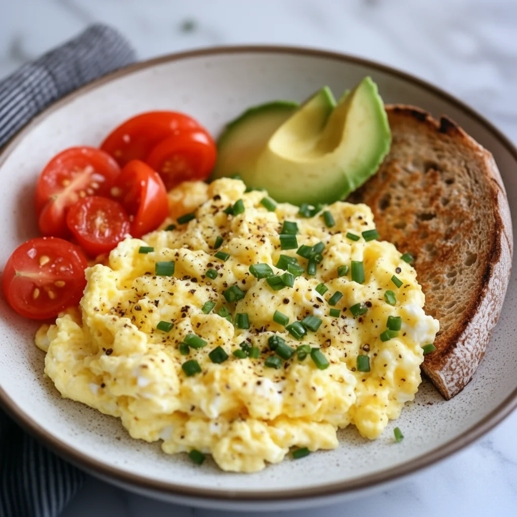 Creamy scrambled eggs with cottage cheese served on a plate