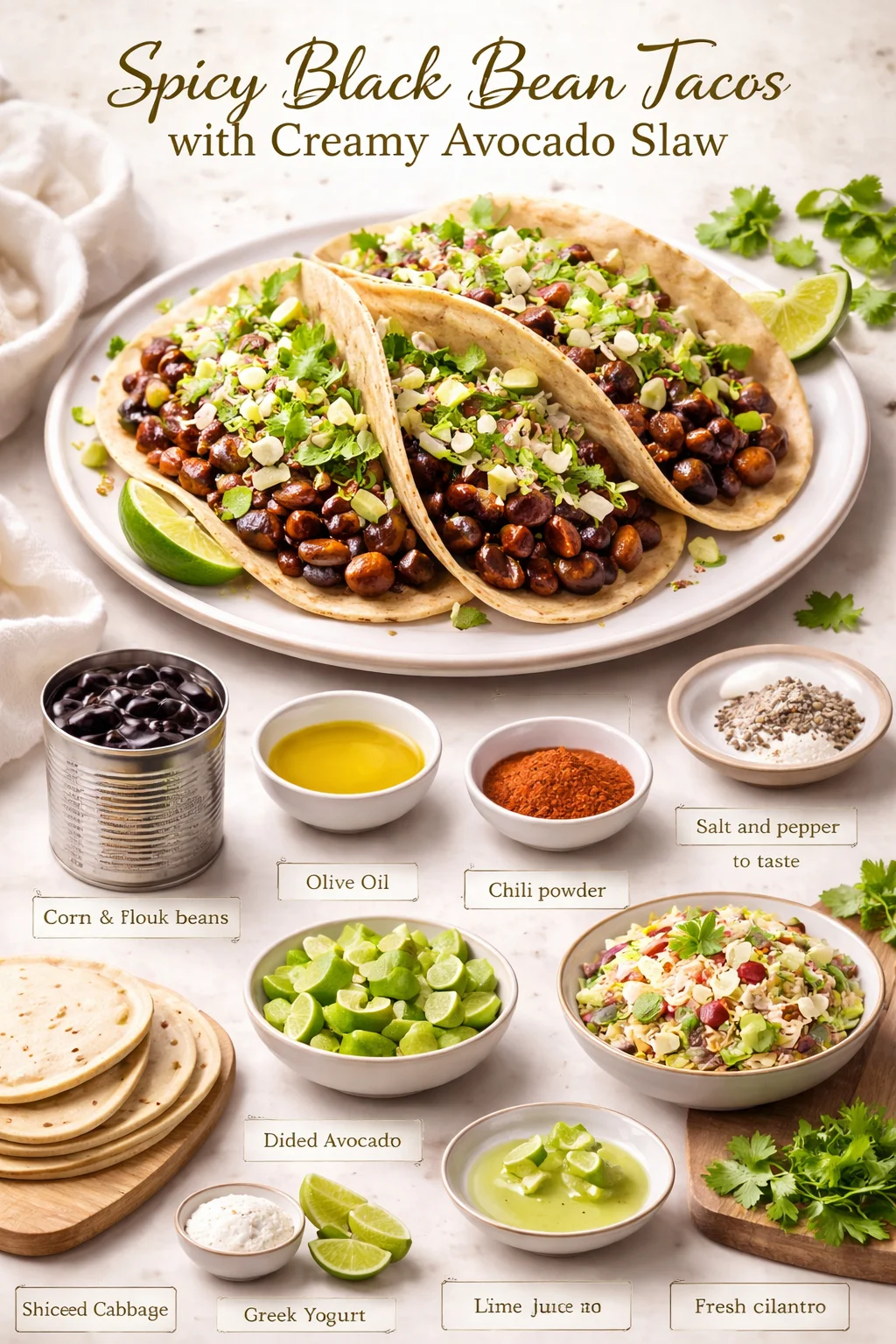 Spicy Black Bean Tacos with Creamy Avocado Slaw