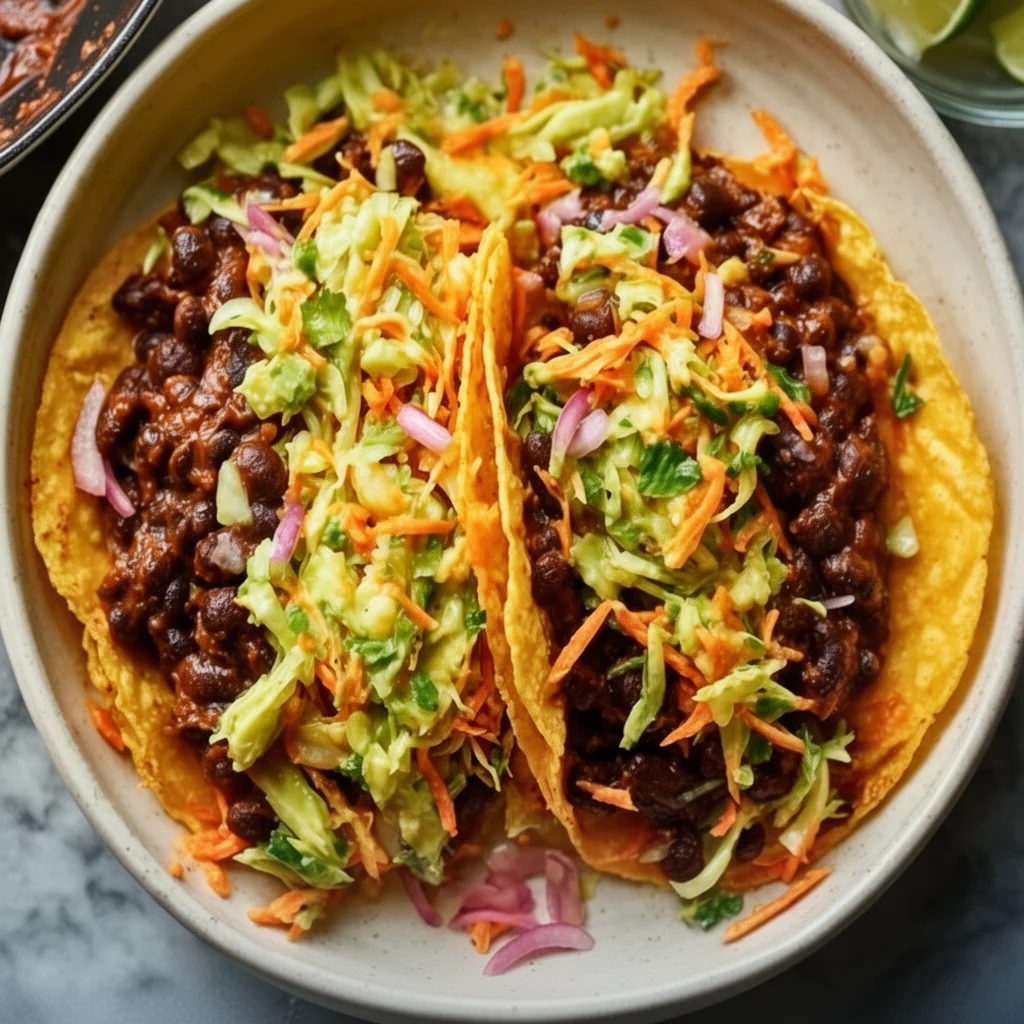 Spicy black bean tacos served with creamy avocado slaw on a plate.