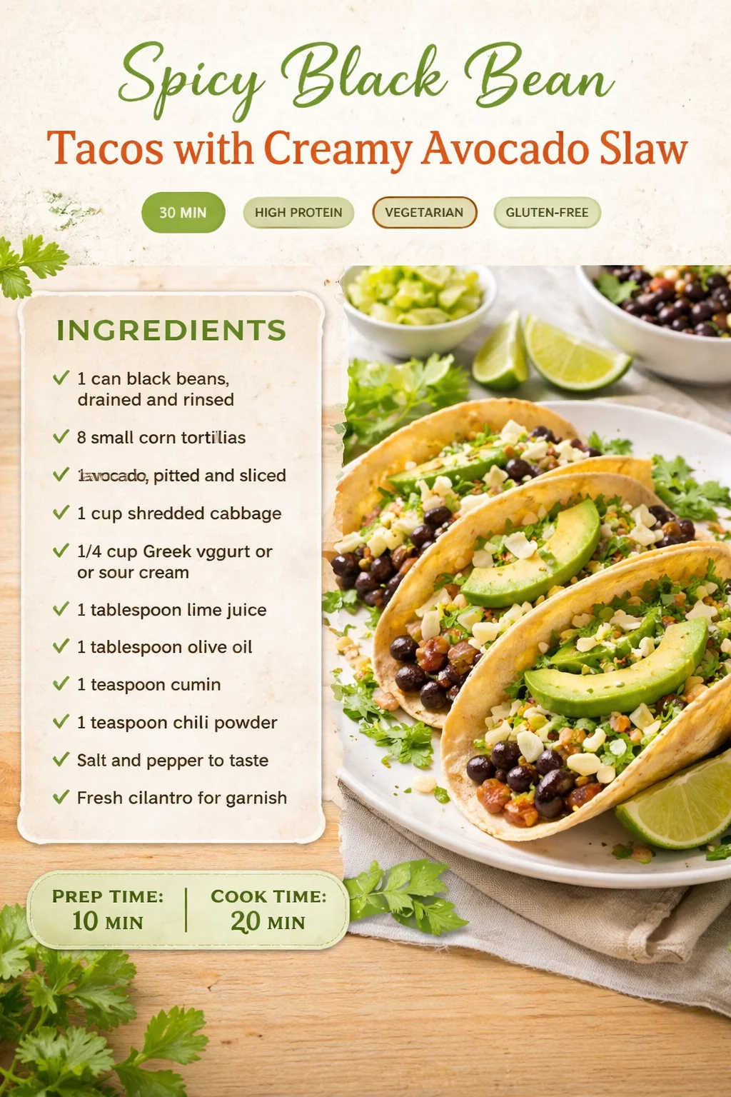 Spicy Black Bean Tacos with Creamy Avocado Slaw