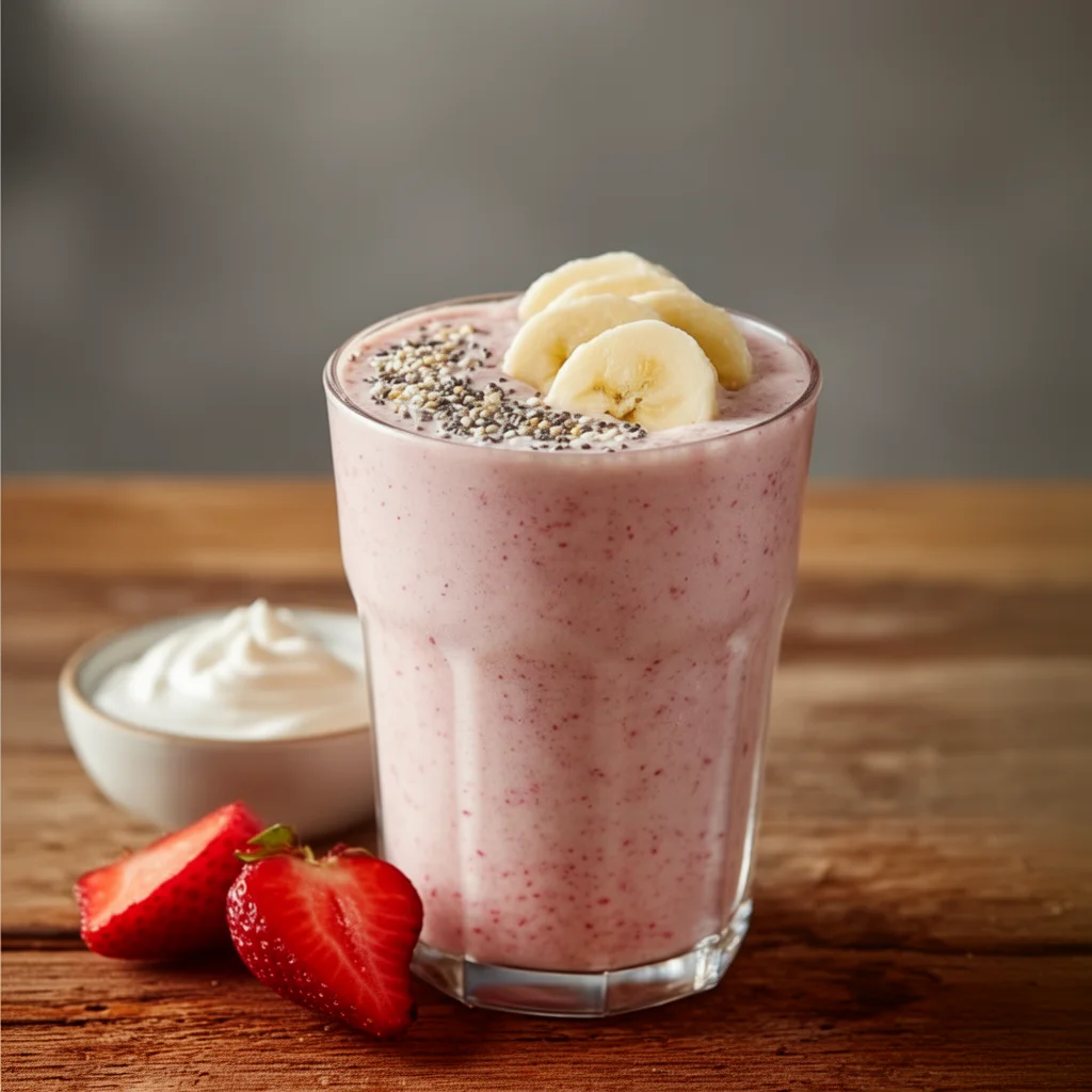 Strawberry Greek yogurt smoothie in a glass with fresh strawberries and mint leaves