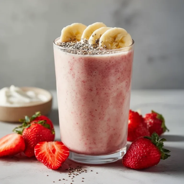Delicious Strawberry Greek Yogurt Smoothie in a glass with fresh strawberries