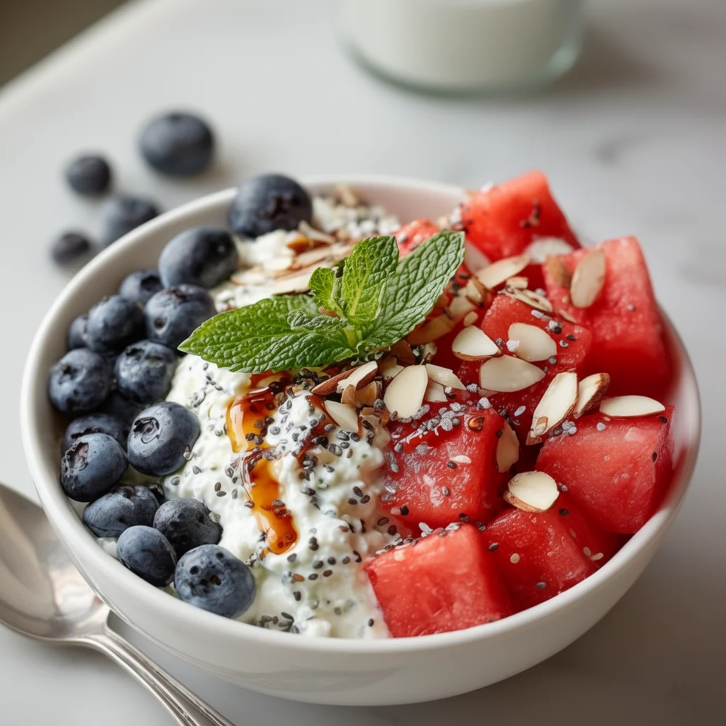 Refreshing Watermelon Cottage Cheese Bowl with fresh watermelon chunks