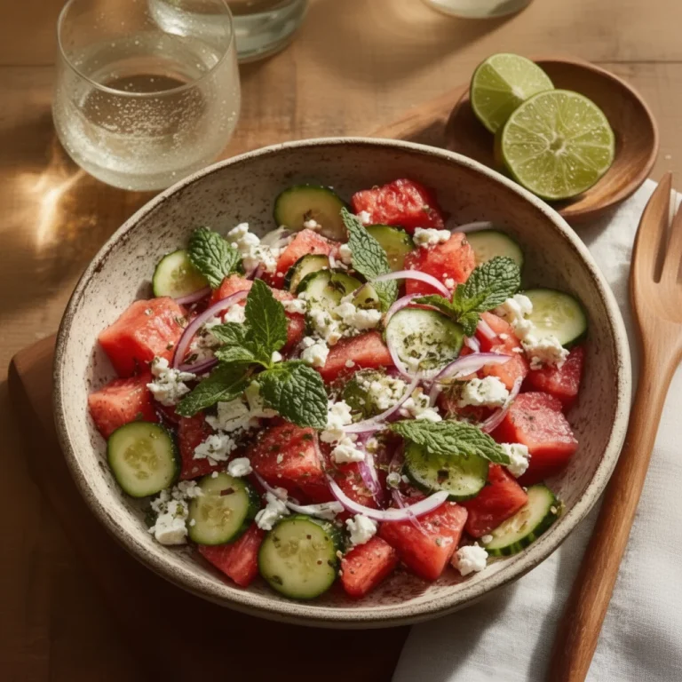 Watermelon cucumber feta salad with fresh herbs and a vibrant dressing