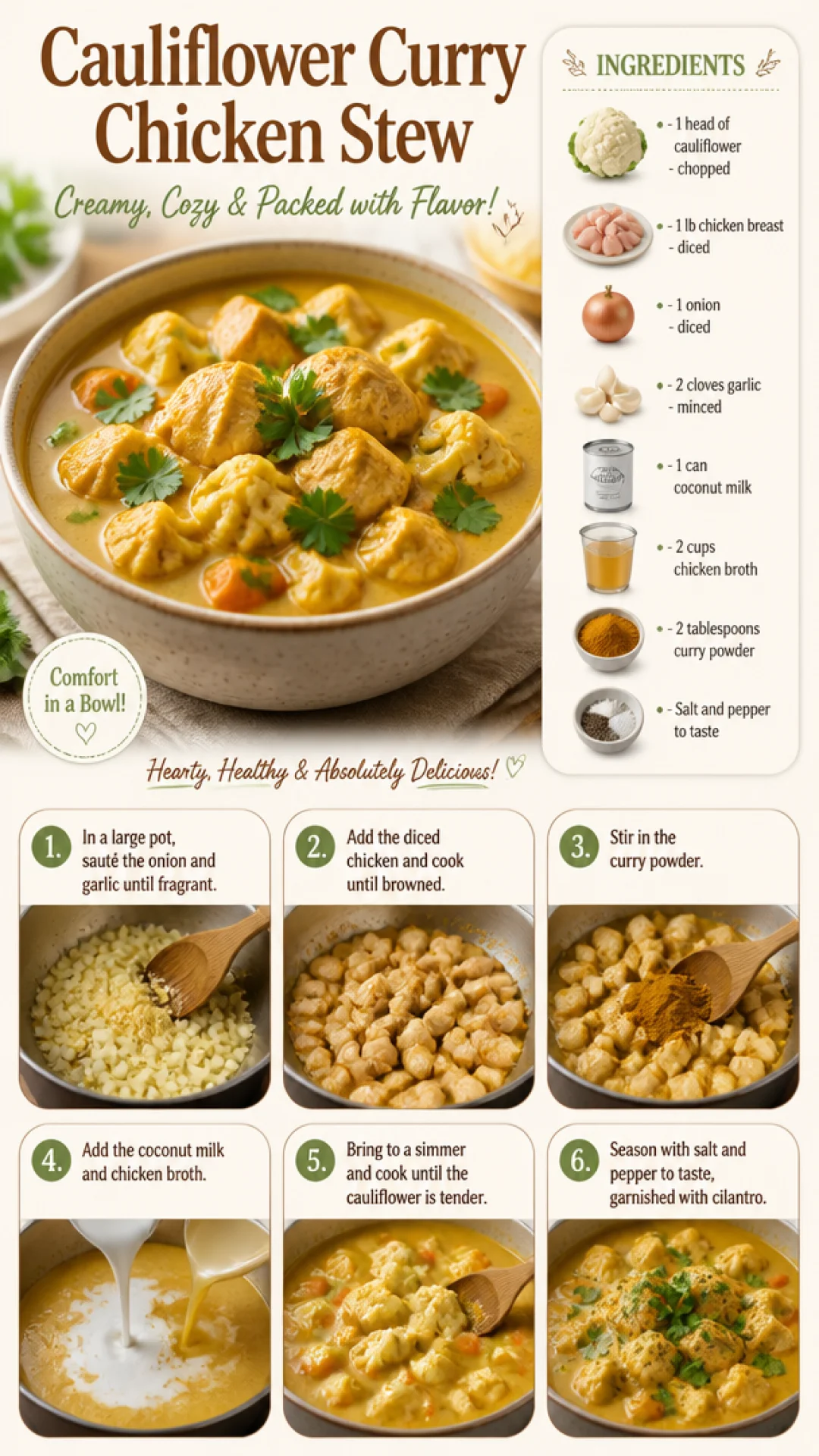 Delicious bowl of cauliflower curry chicken stew filled with spices and vegetables