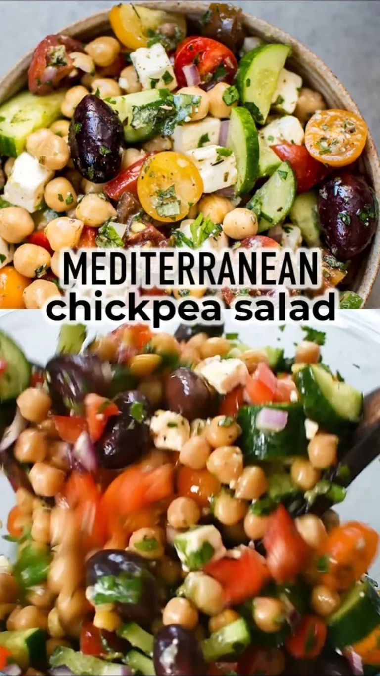 A colorful Mediterranean Salad with vegetables, olives, and feta cheese.