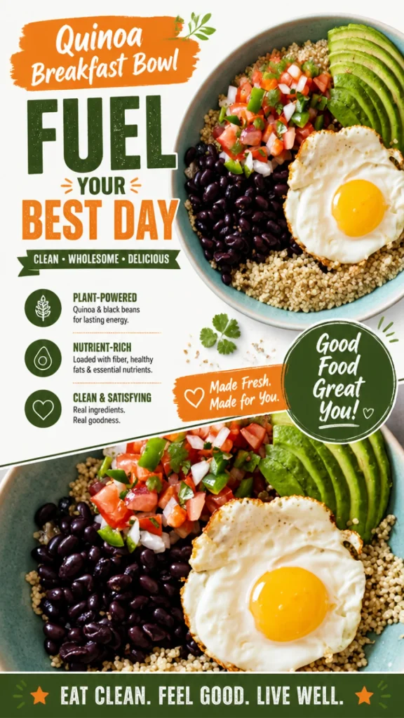 Healthy quinoa breakfast bowl topped with fruits and nuts