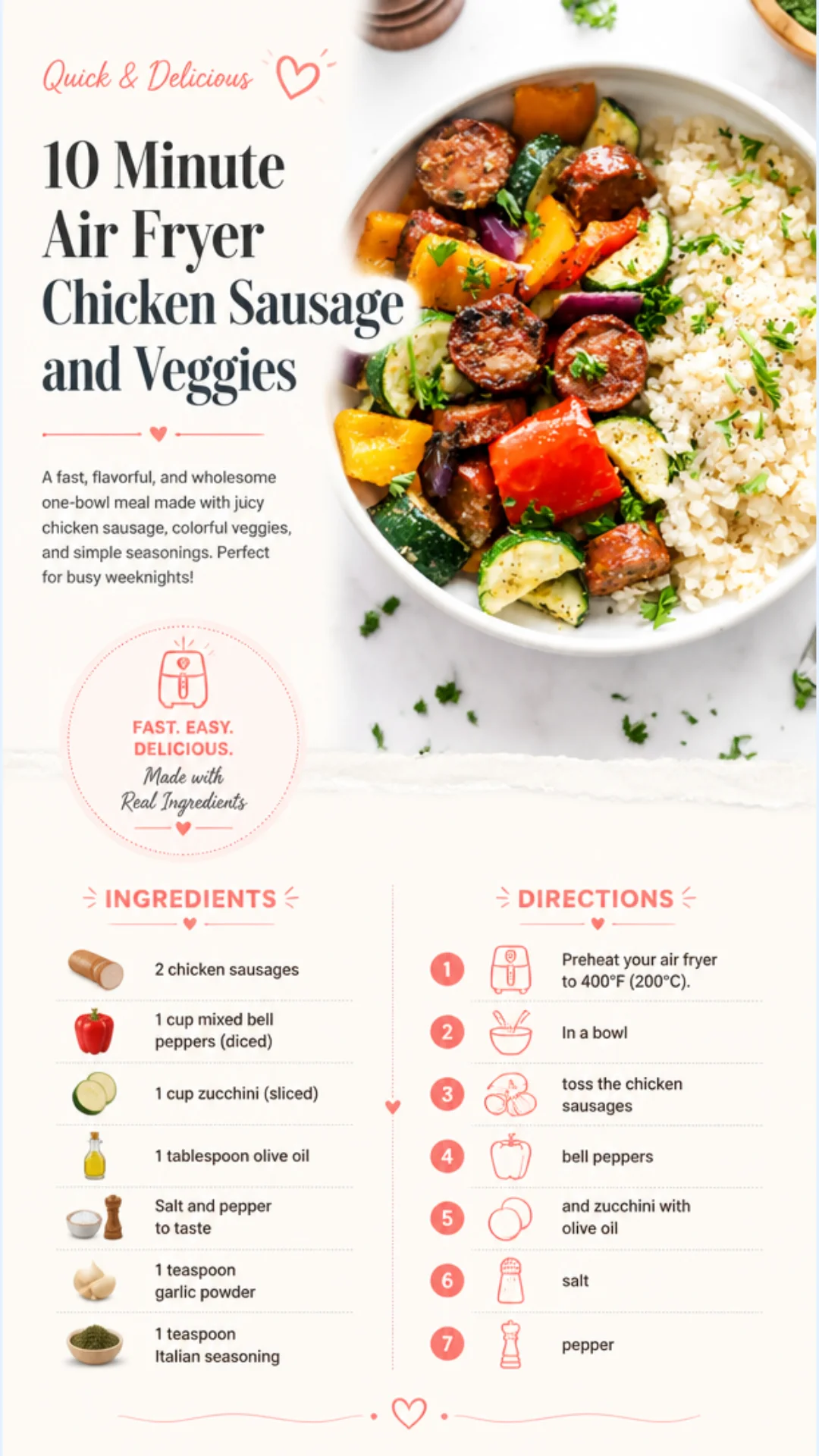 10 Minute air fryer chicken sausage with colorful veggies