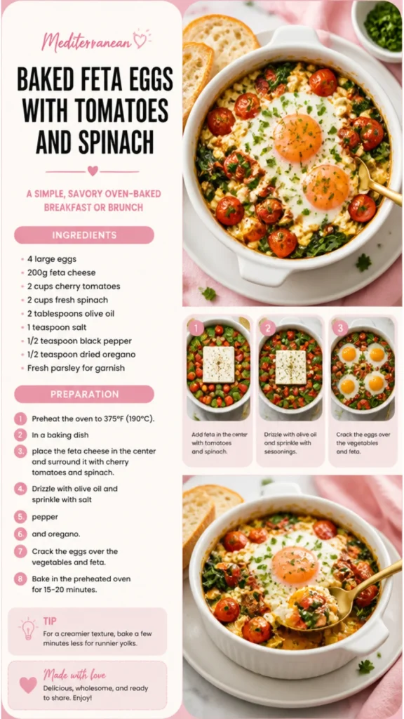 Baked feta eggs with tomatoes and spinach served on a plate