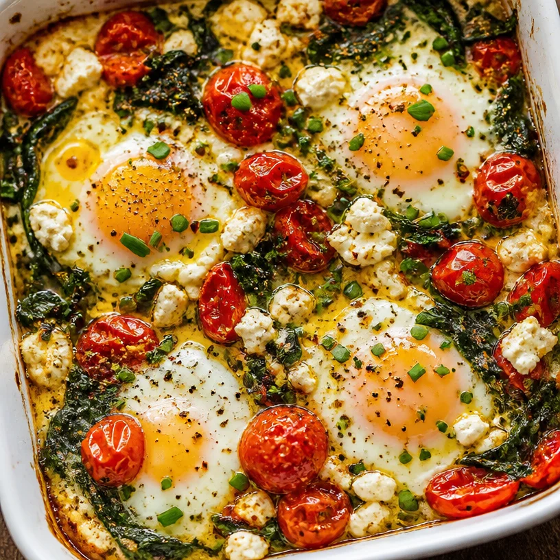 Baked Feta Eggs with Tomatoes and Spinach