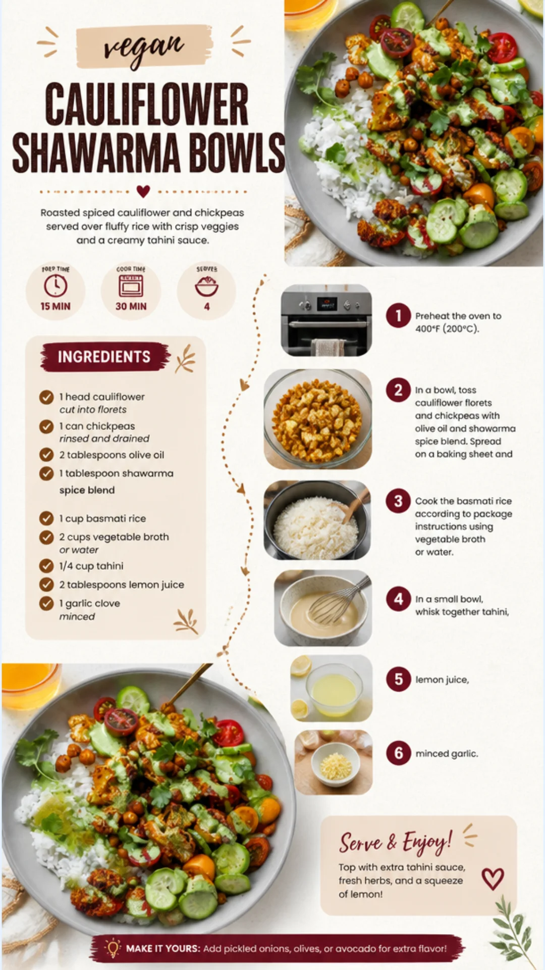 Delicious cauliflower shawarma bowls garnished with fresh vegetables and spices.