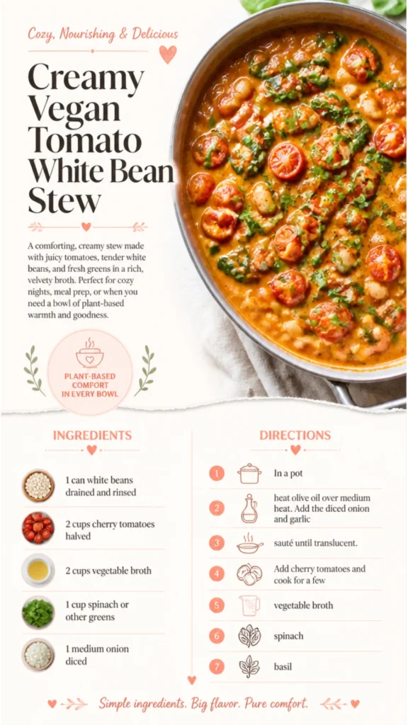 Creamy vegan tomato white bean stew in a bowl garnished with herbs.