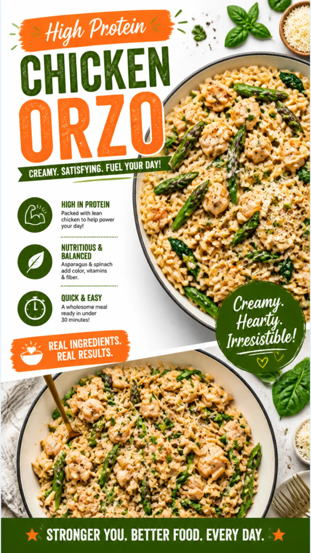 High protein chicken orzo dish served in a bowl with fresh herbs