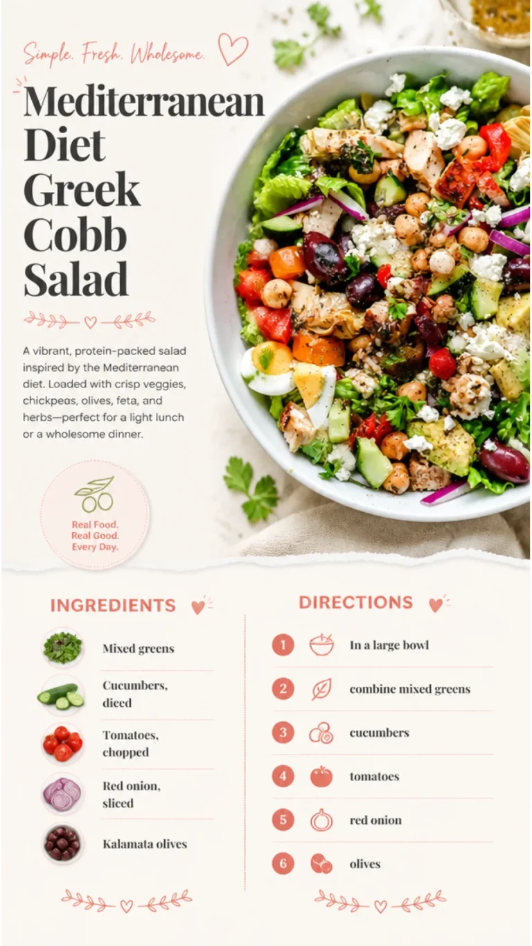 Mediterranean Diet Greek Cobb Salad with fresh vegetables and proteins