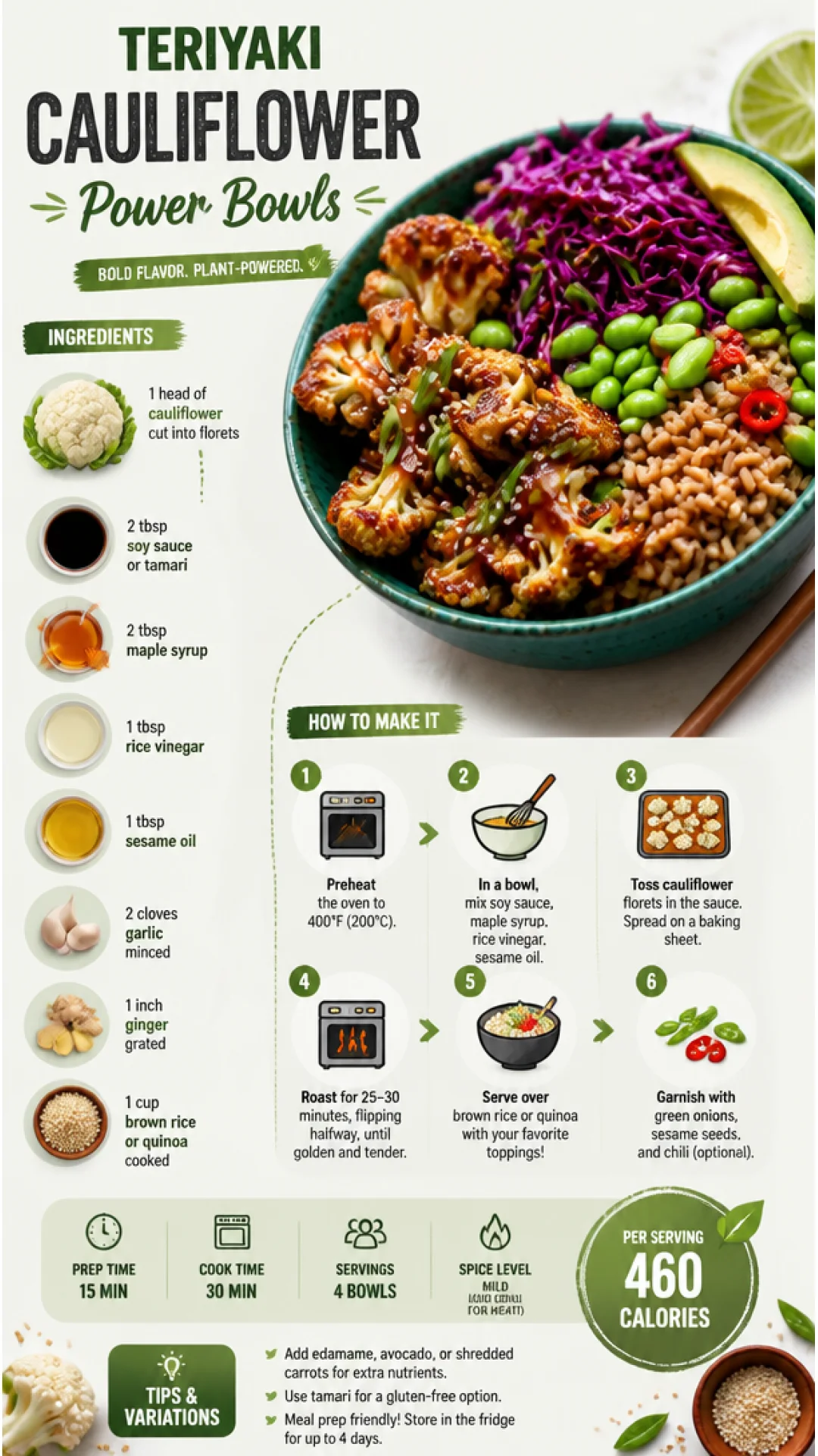 Delicious Teriyaki Cauliflower Power Bowls garnished with fresh vegetables